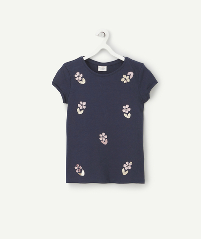 Tee-shirt radius - GIRLS' T-SHIRT IN RECYCLED FIBERS, NAVY BLUE WITH SEQUINS