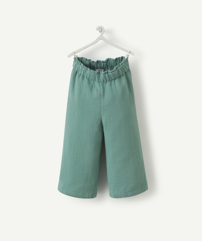 trouser Tao Categories - EVOLVING FLOWING TROUSERS FOR GIRLS IN GREEN COTTON GAUZE