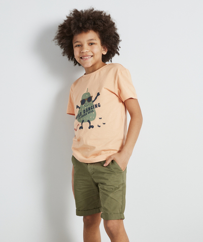 T-shirt  radius - BOYS' PEACH T-SHIRT IN ORGANIC COTTON WITH A FUNNY PRINT AND A MESSAGE