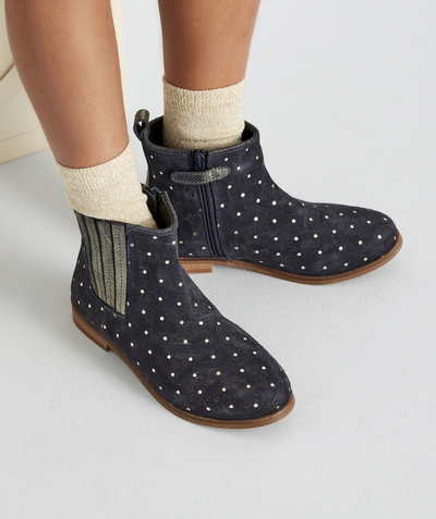 Clothing Tao Categories - GIRLS' NAVY BLUE VEGETABLE TANNED ANKLE BOOTS WITH GOLDEN SPOTS