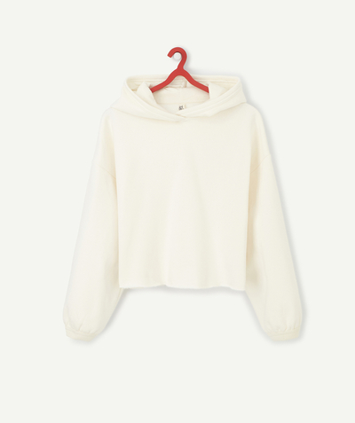 Basics Tao Categories - GIRLS' WHITE HOODED SWEATSHIRT WITH A RIPPED FINISH