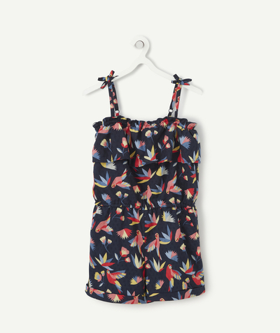 Spring looks radius - GIRLS' COTTON PLAYSUIT IN NAVY BLUE WITH A BIRD PRINT