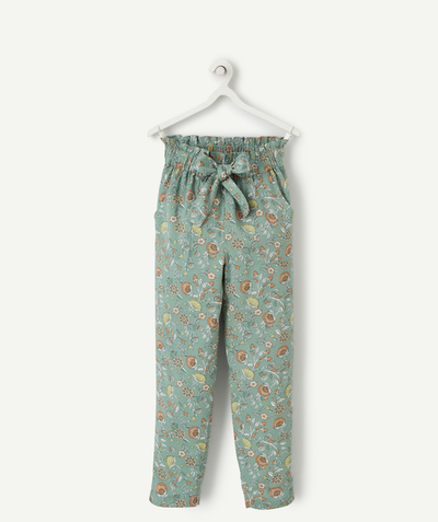 Girl radius - FLOWING TROUSERS FOR GIRLS IN ECO-FRIENDLY GREEN VISCOSE WITH A FLORAL PRINT