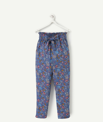 trouser Tao Categories - FLOWING TROUSERS FOR GIRLS IN ECO-FRIENDLY BLUE VISCOSE WITH A FLORAL PRINT
