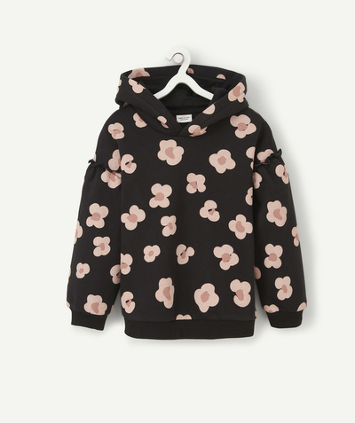 Outlet radius - GIRLS' BLACK AND FLORAL HOODED SWEATSHIRT IN RECYCLED COTTON