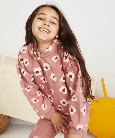 Outlet radius - GIRLS' PINK AND FLOWER-PATTERNED HOODED SWEATSHIRT IN RECYCLED FIBERS
