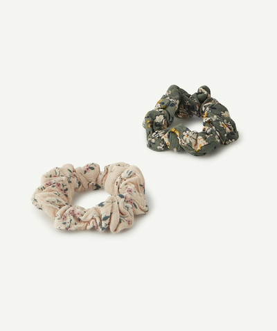 Hair accessories Tao Categories - GIRLS' PINK AND KHAKI FLORAL SCRUNCHIE SET