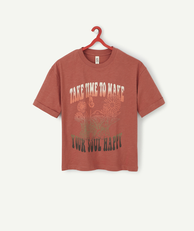 Tee-shirt radius - GIRLS' ORGANIC COTTON T-SHIRT IN RED WITH A MOTIF AND MESSAGE