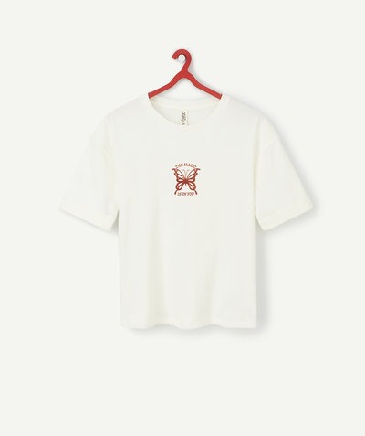T-shirty - Koszulki Rayon - BIAŁY T-SHIRT Z FILCOWYM MOTYWEM MOTYLA Z BAWEŁNY EKOLOGICZNEJ DLA DZIEWCZYNKI