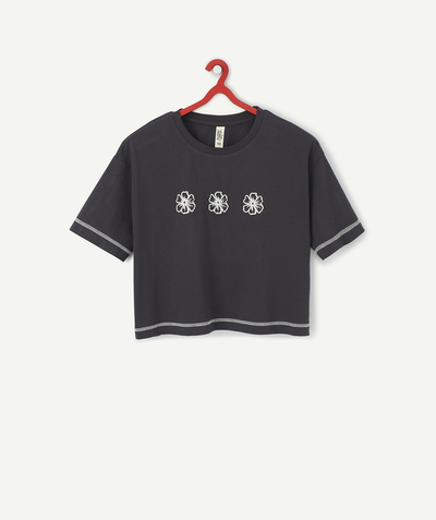 T-shirt Rayon - T-SHIRT COURT GRIS FONCÉ À MOTIF FLEURI EN COTON BIO FILLE