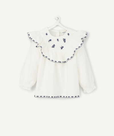 Shirt - Blouse Tao Categories - BABY GIRLS' WHITE BLOUSE WITH BLUE EMBROIDERY AND FRILLS