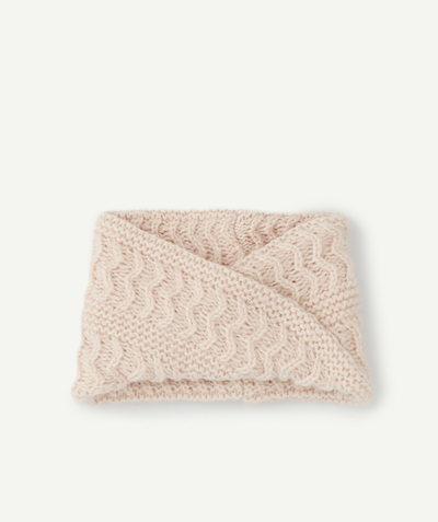 Nice and warm radius - BABY GIRLS' POWDER PINK CROSS-OVER KNITTED SNOOD IN RECYCLED FIBRES