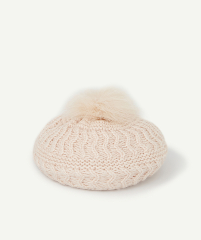Private sales radius - BABY GIRLS' POWDER PINK BERET IN RECYCLED FIBRES WITH POMPOMS