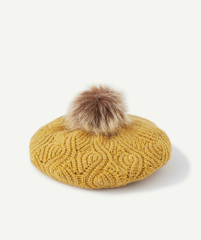 Girl radius - GIRLS' YELLOW SEQUINNED BERET WITH AN IMITATION FUR POMPOM