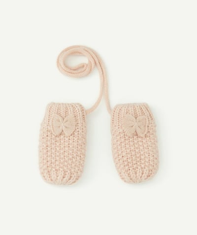 Nice and warm radius - BABY GIRLS' PALE PINK WOOLLEN MITTENS WITH BOWS