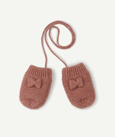 Baby-girl radius - BABY GIRLS' PINK MITTENS IN RECYCLED FIBRES WITH BOWS AND CORDS
