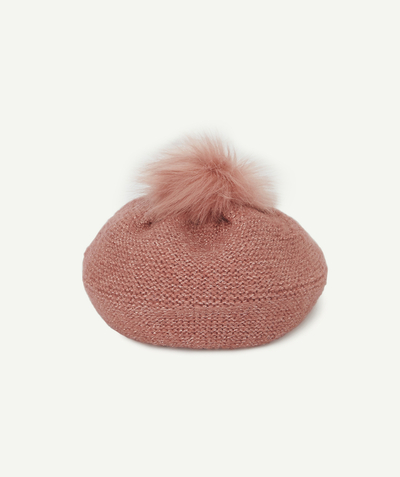 Nice and warm radius - BABY GIRLS' PINK SPARKLING BERET IN RECYCLED FIBRES WITH POMPOMS
