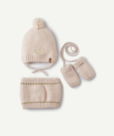 Private sales radius - BABY GIRLS' PALE PINK ACCESSORIES SET INCLUDING A HAT WITH A POMPOM, A SNOOD AND MITTENS