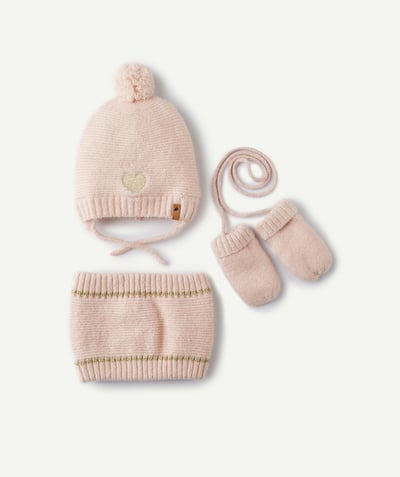 KNITWEAR ACCESSORIES Tao Categories - BABY GIRLS' PALE PINK ACCESSORIES SET INCLUDING A HAT WITH A POMPOM, A SNOOD AND MITTENS