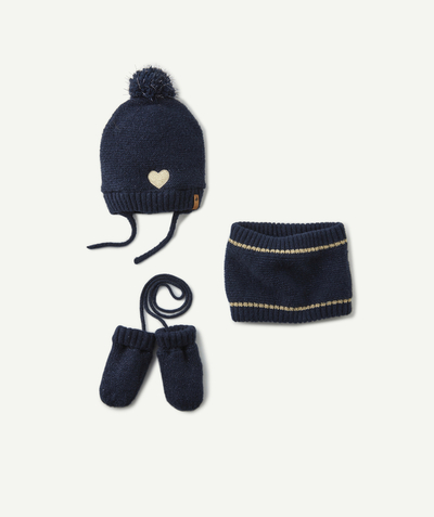 Baby-girl radius - NAVY BLUE LUXURY KNIT HAT, SNOOD AND MITTENS SET