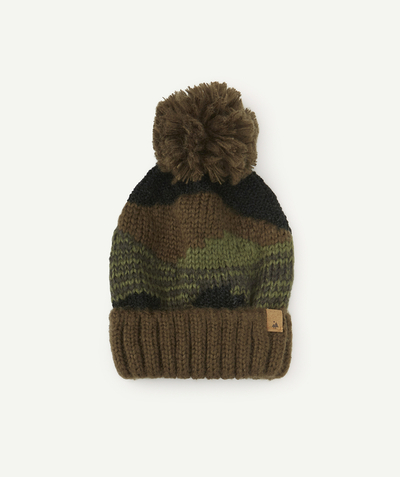 Nice and warm radius - BOYS' KHAKI HAT IN WOOL AND RECYCLED FIBRES WITH A POMPOM