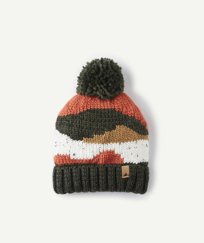 Nice and warm radius - BOYS' KHAKI KNITTED HAT WITH A POMPOM AND COLOURED INSERTS