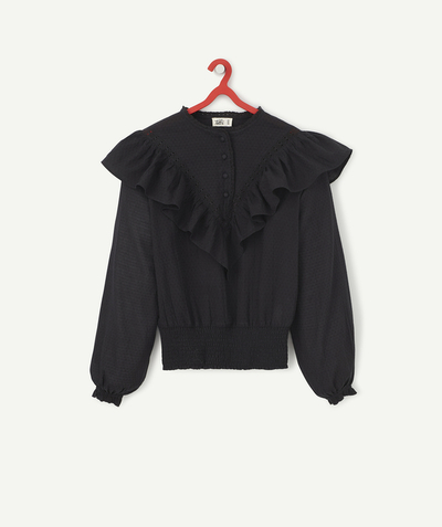 Shirt - Blouse radius - GIRLS BLACK COTTON BLOUSE WITH FRILLS AND BRODERIE ANGLAIS