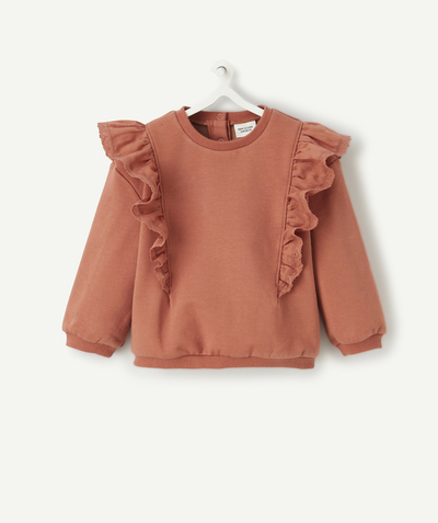Cardigan - Pullover  radius - BABY GIRLS' TERRACOTTA SWEATSHIRT WITH FRILLS AND EMBROIDERY