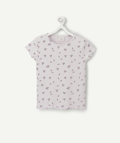 Tee-shirt radius - GIRLS' RIBBED PURPLE T-SHIRT IN RECYCLED FIBRES WITH A FLORAL PRINT