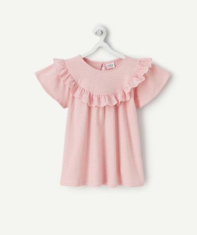 Tee-shirt radius - GIRLS' T-SHIRT IN PINK RECYCLED FIBERS WITH BRODERIE ANGLAIS