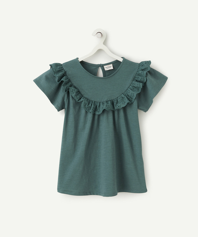 Spring looks radius - GIRLS' GREEN COTTON T-SHIRT WITH BRODERIE ANGLAIS