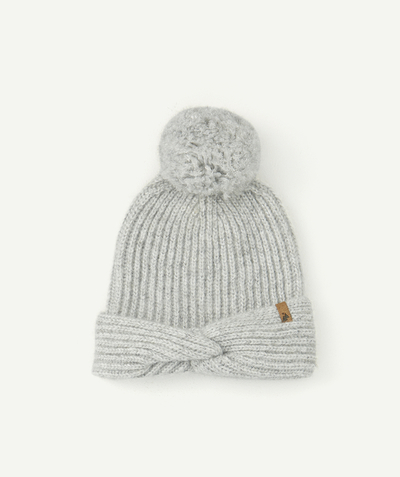Nice and warm radius - GIRLS' PALE GREY SEQUINNED KNITTED HAT WITH A POMPOM AND BOW