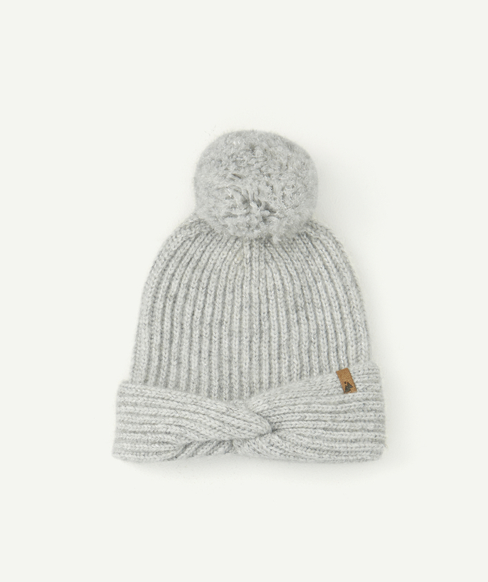 ECODESIGN radius - GIRLS' PALE GREY SEQUINNED KNITTED HAT WITH A POMPOM AND BOW