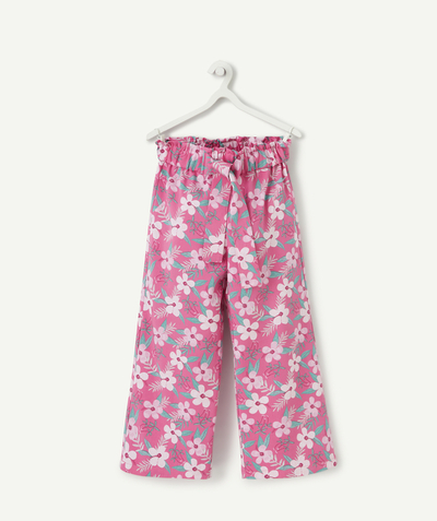 trouser Tao Categories - GIRLS' FLOWING WIDE-LEG  TROUSERS IN PINK AND FLORAL ECO-FRIENDLY VISCOSE