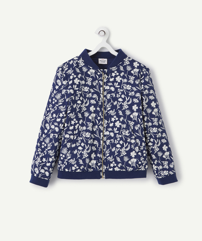 Coat - Padded jacket - Jacket radius - GIRLS' BOMBER JACKET IN BLUE COTTON WITH A FLORAL PRINT
