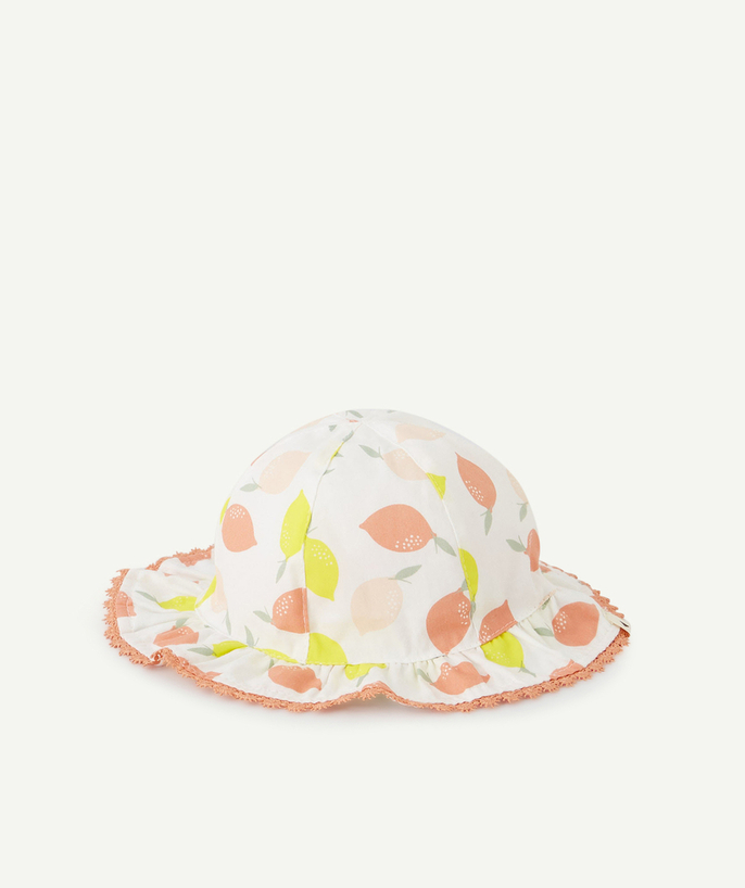 Accessories radius - BABY GIRLS' BUCKET HAT IN WHITE COTTON PRINTED WITH COLOURED LEMONS