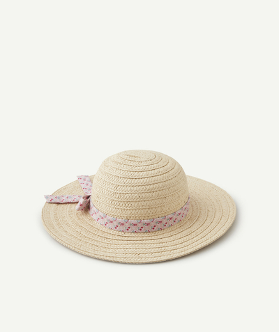 Girl radius - GIRLS' STRAW HAT WITH A CORD IN PINK FLOWERED FABRIC