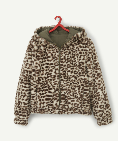 Coat - Padded jacket - Jacket Tao Categories - GIRLS' REVERSIBLE LEOPARD AND KHAKI IMITATION FUR JACKET