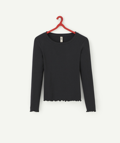 Party outfits Tao Categories - GIRLS' PLAIN BLACK RIBBED T-SHIRT WITH SCALLOPS