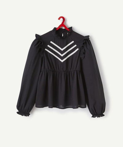 Girl radius - GIRLS' BLACK BLOUSE WITH FRILLS AND LACE DETAILS