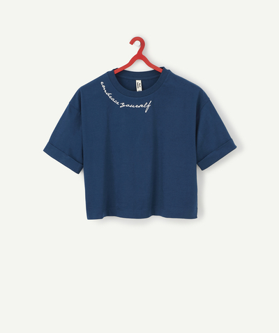 Back to school collection Sub radius in - GIRLS' SHORT T-SHIRT IN NAVY BLUE ORGANIC COTTON WITH A MESSAGE