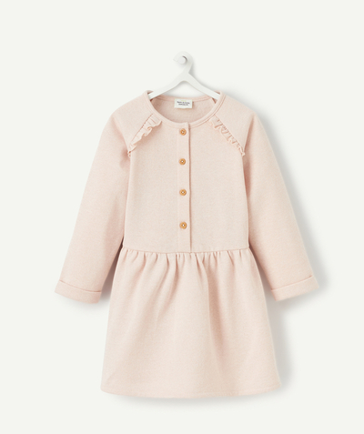 Comfortable fleece radius - BABY GIRLS' SPARKLING POWDER PINK DRESS WITH BUTTONS AND FRILLS