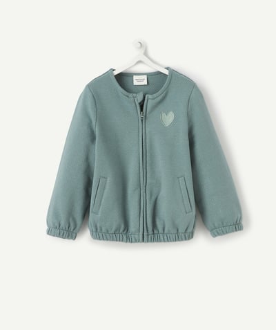 Comfortable fleece radius - BABY GIRLS' GREEN ZIP UP JACKET WITH SPARKLING SPOTS AND AN EMBROIDERED HEART