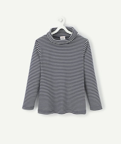 Roll-Neck-Jumper radius - BOYS' NAVY BLUE AND WHITE STRIPED COTTON TURTLENECK TOP