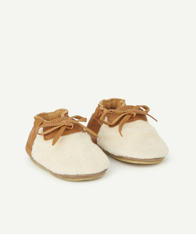 Shoes, booties radius - BABIES' BOOTIES IN BROWN LEATHER AND BEIGE CRÊPE