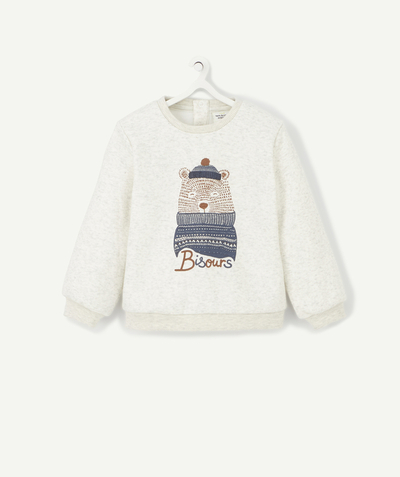 Pullover - Sweatshirt Tao Categories - BABY BOYS' GREY SWEATSHIRT WITH A FLOCKED TEDDY BEAR MOTIF AND MESSAGE