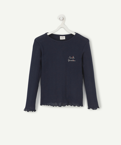 Original Days radius - GIRLS' NAVY BLUE T-SHIRT WITH KNITTED EFFECT AND RUFFLED DETAILS