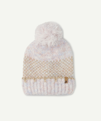 Nice and warm radius - GIRLS' PINK AND PALE PURPLE HAT WITH GOLDEN DETAILS AND A POMPOM