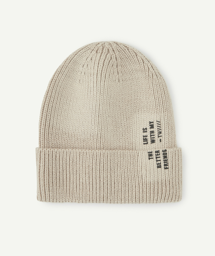 Nice and warm Tao Categories - BOYS' BEIGE KNITTED HAT WITH A FLOCKED MESSAGE