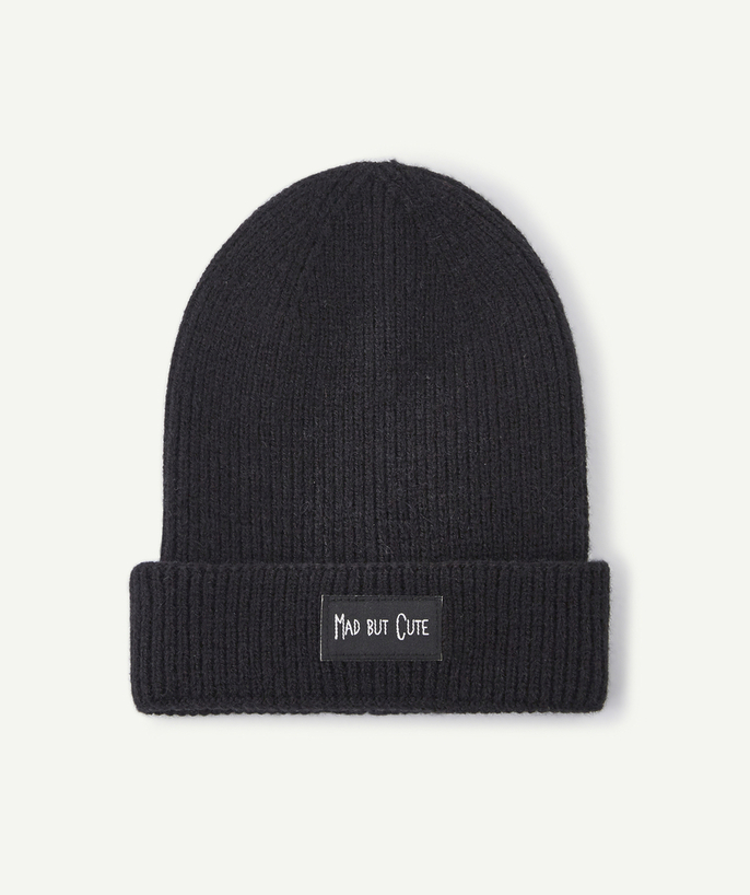 Teen girls' clothing Tao Categories - GIRLS' BLACK KNITTED HAT WITH A MESSAGE ON THE BRIM